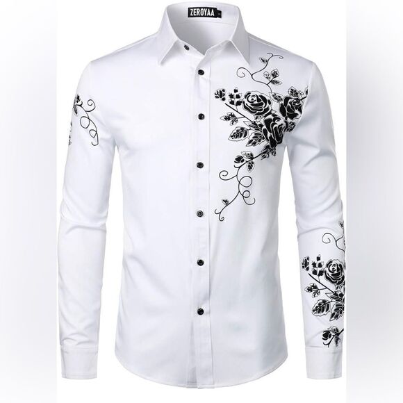 ZEROYAA Men's Rose Floral Printed Slim Fit Long Sleeve Button Up Dress Shirts - Picture 1 of 10